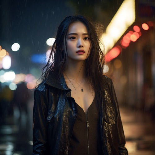 18-30 years old, a beautiful Chinese woman walking on dimly lit streets, with masterpieces in ultra-high definition and perfect details, A street with dim lights after rain, Full Length Shot(FLS), depth of field (dof)
