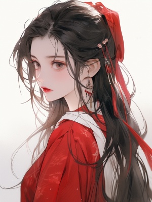Anime girl, black long hair, modern style double ponytail, upper body, ink wash style, delicate brushstrokes, white and red, ultra-high definition, ultra-high resolution, best picture quality, Xu Beihong, official art, whimsical anime, loose and smooth, monoha
