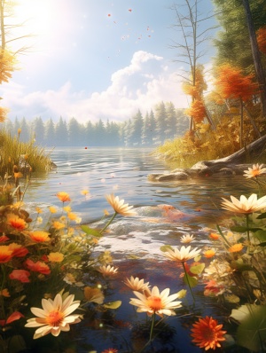 秋天花朵的超现实3D风景与艺术风格