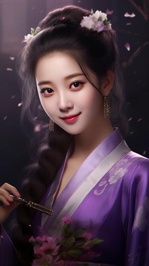 正面照，一个中国古代少女，真人，面带微笑，长相很甜美，穿着一件紫色汉服，8k画质，超逼真，大师作品
