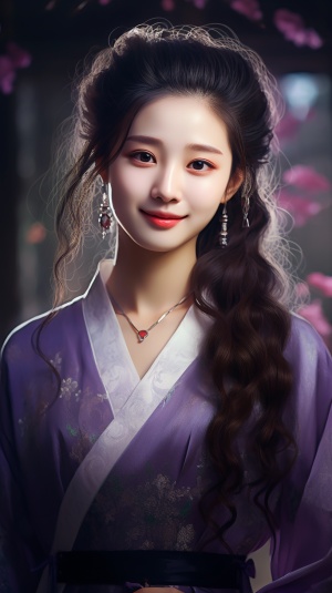 正面照，一个中国古代少女，真人，面带微笑，长相很甜美，穿着一件紫色汉服，8k画质，超逼真，大师作品