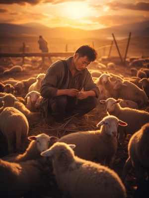 太阳下山时，该男子从笔中拿出一只绵羊，其风格为max rive，petzval 85毫米f2.2，徐悲鸿，rhads，标志性，单ha，浅灰色和浅棕色