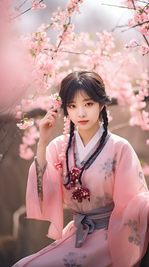 穿着粉红色汉服的中国女孩站在春天盛开的花朵中，在小飞月的风格中，柔软，浪漫的场景，闪亮有光泽，夸张的五官，32k uhd，简约优雅的风格，微妙的阴影使用，8K，超高清，超分辨率，大师级的摄影，