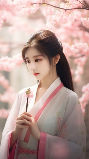 穿着粉红色汉服的中国女孩站在春天盛开的花朵中，在小飞月的风格中，柔软，浪漫的场景，闪亮有光泽，夸张的五官，32k uhd，简约优雅的风格，微妙的阴影使用，8K，超高清，超分辨率，大师级的摄影，