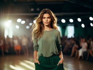 一个身材姣好的美女身穿绿色T恤，在跑道上跳曳步舞