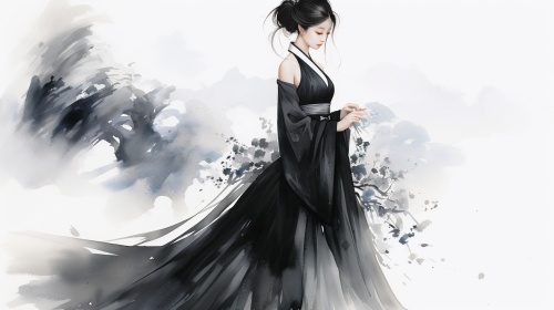 广角镜头，一个中国古代女子在与黑衣人比武