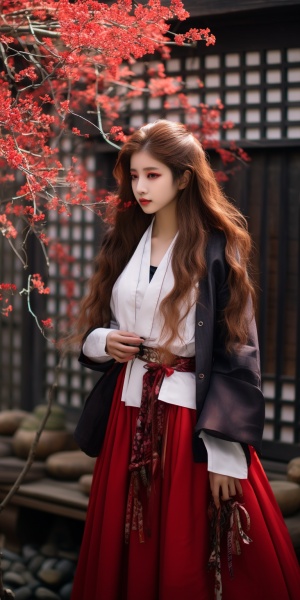 朝鲜族礼服美女模特在黑瓦围墙庭院中的优雅演绎