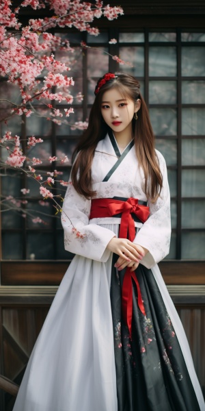 朝鲜族礼服美女模特在黑瓦围墙庭院中的优雅演绎