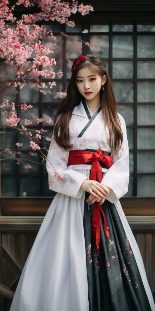 朝鲜族礼服，美女模特，白色短上衣，红色长裙，飘带，盘头长发簪，鲜花，黑瓦围墙，杜鹃花，柳树，庭院