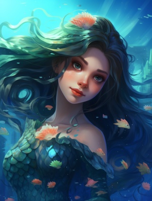 A Beautiful Mermaid in the Blue Sea