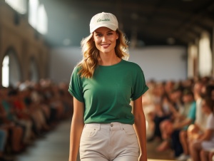 一个身材丰满的美女身穿绿色T恤，头戴白色棒球帽，在清晨的跑道上舞蹈