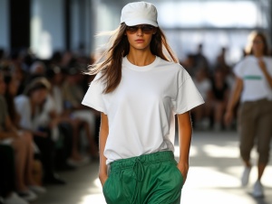 一个身材丰满的美女身穿绿色T恤，头戴白色棒球帽，在清晨的跑道上舞蹈