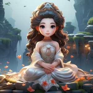 Cool Goddess of National Tide,8 years old,sitting posture,big eyes,scene,background