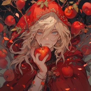 女孩，穿着王袍，脸上脏污没擦干净，有一种战损般的清冷柔弱感，面无表情地吃着苹果。