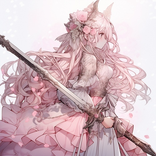 少女穿着淡粉色长裙，姿态高傲，提着长剑