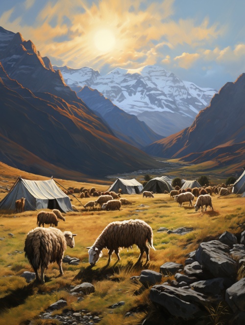 傍晚时分，暖色的阳光斜射雪山和高原，羊群和牧民有着长长的影子，不远处有帐篷，一幅像油画一样的风光。