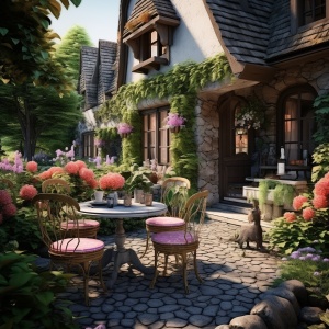 乡村小屋设计，庭院，桌椅，茶具，花草，石板路，近景