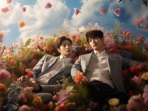 俩位帅气，英俊，好看的韩国男明星站在彩云环绕的花丛中，身着休闲套装，花被埋在云雾中时尚杂志拍摄，高度写实，浪漫主义，UHD，18k超高清，SMC宾得80mm f2.8AL ar4:3q 54