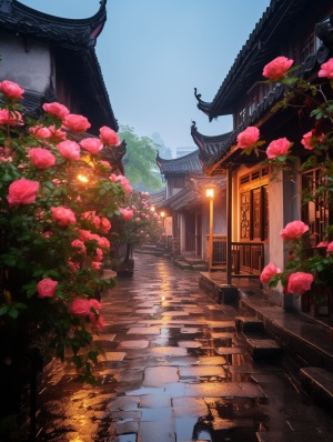 江南古镇下起大雨，鲜花盛开，超清超高清画质