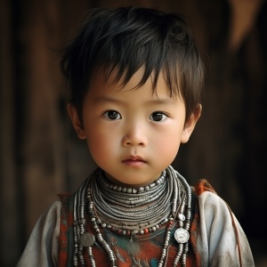 可爱中国苗族小男孩带银项圈