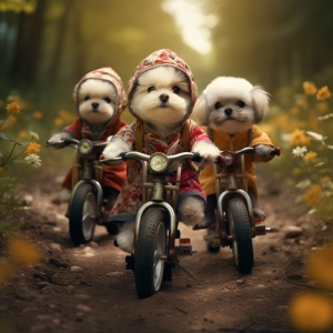 3只可爱小狗穿汉服在花丛中骑自行车