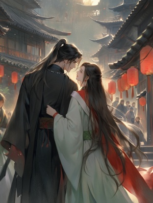 中国汉服情侣在灯火阑珊的古代街道相视而笑