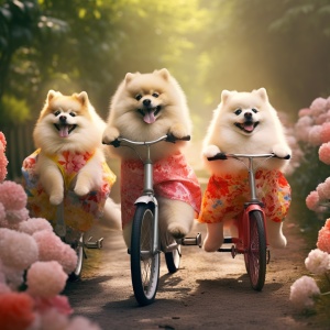 可爱小狗穿汉服骑自行车在花丛中