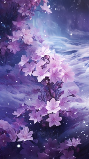 紫色星空中的雪与花