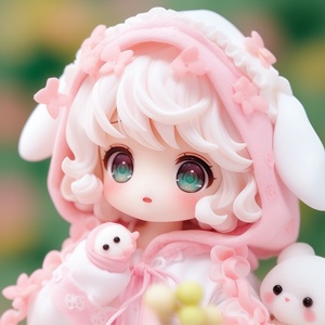 一个粉雕玉琢的小奶娃娃，五官精致粉嫩可爱，小脸娇嫩，穿着粉白色的小裙子，美得让人心悸，又软又奶。