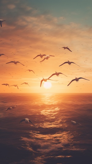 一群海鸥在阳光下飞越海洋的图像，采用网络摄像头摄影风格，逼真的场景，情感和戏剧性的场景,高清画质 v 5.1