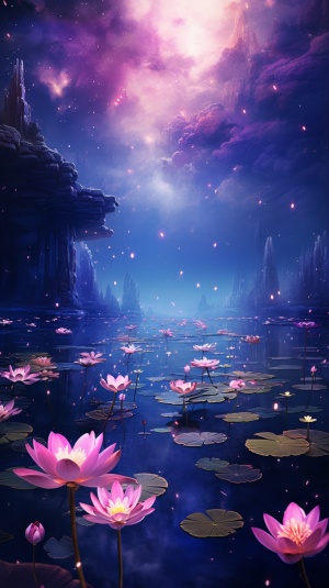 一个池塘，荷花，荷叶，紫色的星空，梦幻，仙境，超高清