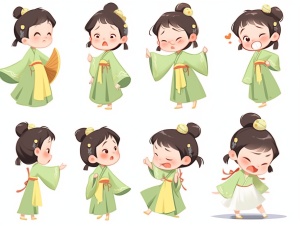 The little girl wearing a light green gauze skirt is a summer costume from the Tang Dynasty in China. She has a smiling face)，( animated character design, Chinese painting, cute, modest charm, classical style,)(expression bag,9 emoticons, happy, smile, sad, serious, expression Symbol table, various postures and expressions, different emotions, various poss and expressions,8kar 3:4 niji 5 stylize high style default