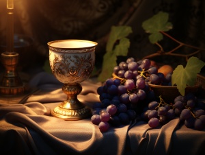 总体类似圆圈，当中放置一套敦煌夜光杯，杯中有紫葡萄和黄色杏仁果，月光的渲染下，杯中盛满葡萄酒，倒映着丝绸之路。