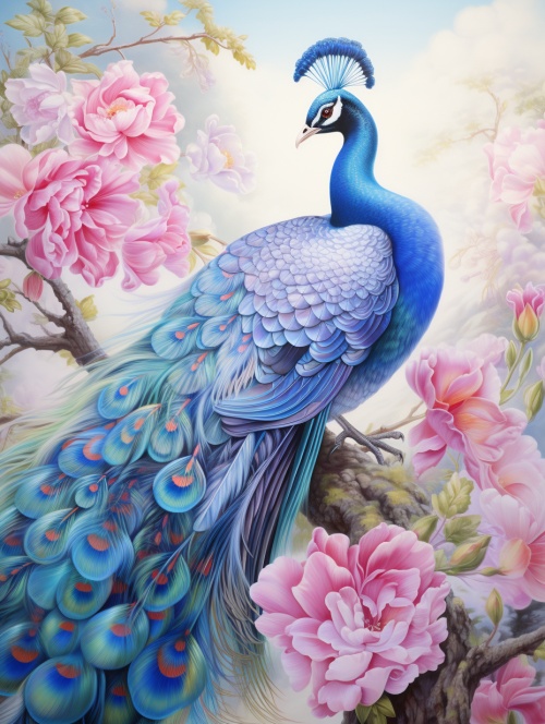 hgtv绘画孔雀牡丹中国瓷器丝绸绘画，在色彩缤纷的幻想现实主义，巴洛克动物，天蓝色和粉红色，uhd图像，自然主义姿势，浅银和浅橙色，浪漫的风景的风格