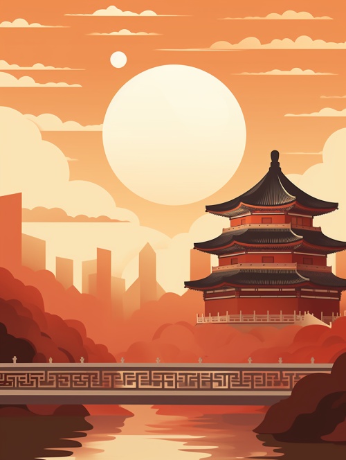 big moon, forbidden city in china, oriental architecture, minimalist illustration, surrealism, in the style of Saul Bass, red and gold, organic forms blending with geometric shapes ar 3:4 q 0.5