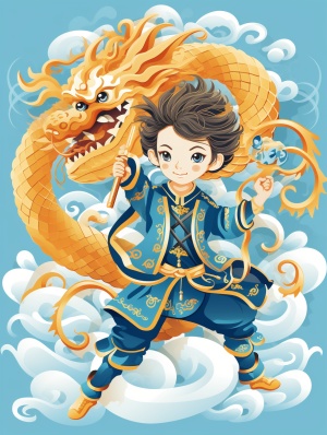 Traditional Chinese Ancient Little Boy with Dragon Dancer