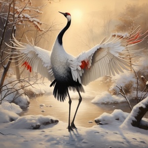 冬日清晨，雪地中的丹顶鹤