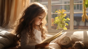 小女孩三岁，在窗前看书，长头发，大眼晴，窗外有阳光，正面，尺寸是16:9