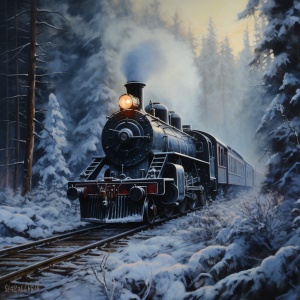 超写实油画。冬日清晨，雪中森林，古老的蒸汽机车。俯视，大师作品。