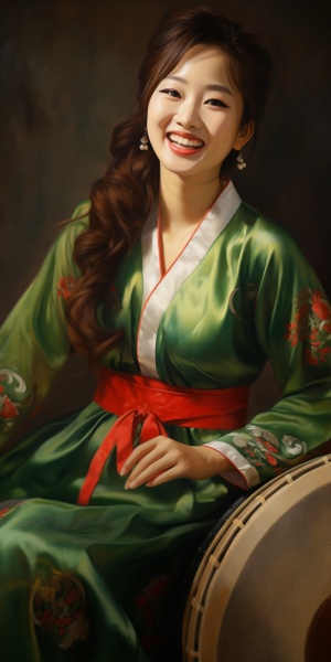 朝鲜族长鼓，朝鲜族美女，国际脸，微笑翩翩起舞，绿衣红裙，盘头发簪