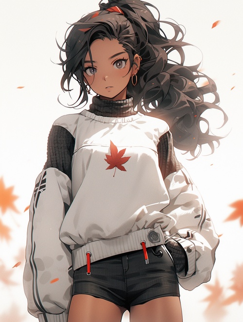 a anime girl in short bottoms standing in the autumn, in the style of dark white and light gray, hard edge painter, villagecore, earl norem, strong facial expression, light bronze and red, traincore