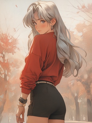 a anime girl in short bottoms standing in the autumn, in the style of dark white and light gray, hard edge painter, villagecore, earl norem, strong facial expression, light bronze and red, traincore