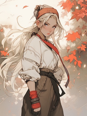 a anime girl in short bottoms standing in the autumn, in the style of dark white and light gray, hard edge painter, villagecore, earl norem, strong facial expression, light bronze and red, traincore