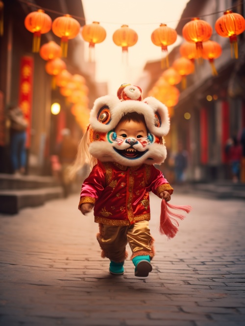 中国大年初一，舞小小狮子，一条长长的街，新年，喜庆，红灯笼，金色，蓝色，绿色，烟花，放烟花，高清，照片，最佳画质，高画质，高清，超高清画质