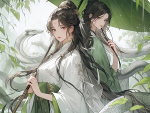 白衣美女打伞牵绿衣少女，两蛇伴侣