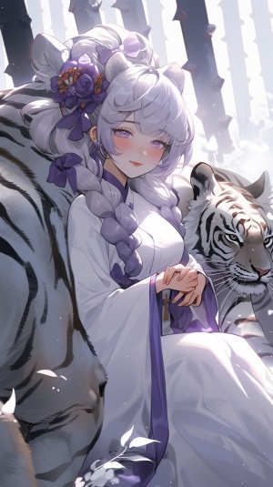 一个开朗的女人，梳着两个发髻，被一只巨大的白色老虎围绕着，华丽的白色礼服，紫色的头发，