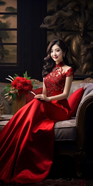 中国新娘美女在豪华客厅中展示红色礼服微笑