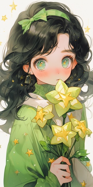 cute cartoon girl wearing a green shirt, in the style of the stars art group (xing xing), delicate flowers, relatable personality, i can't believe how beautiful this is, wavy, youthful, smooth and shiny
