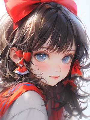 Semi-realistic style girl, red bow, warm atmosphere，blue，yellow, in the style of 32k uhd, happy smile