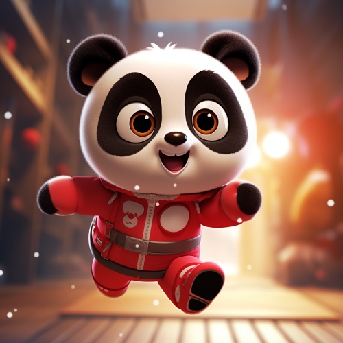 MJ midjourneyA super cute panda jump in the air,thebackground is pure red wall,beautiful big eyes, eyes staring at the camera, nifty expression, happy, 3d rendering, (((hair))) 3d image, hair, 3dmixer, rich details and color, happy, laugh,super cute panda IP, POP mart blind box, the best quality, 3d-niji 5